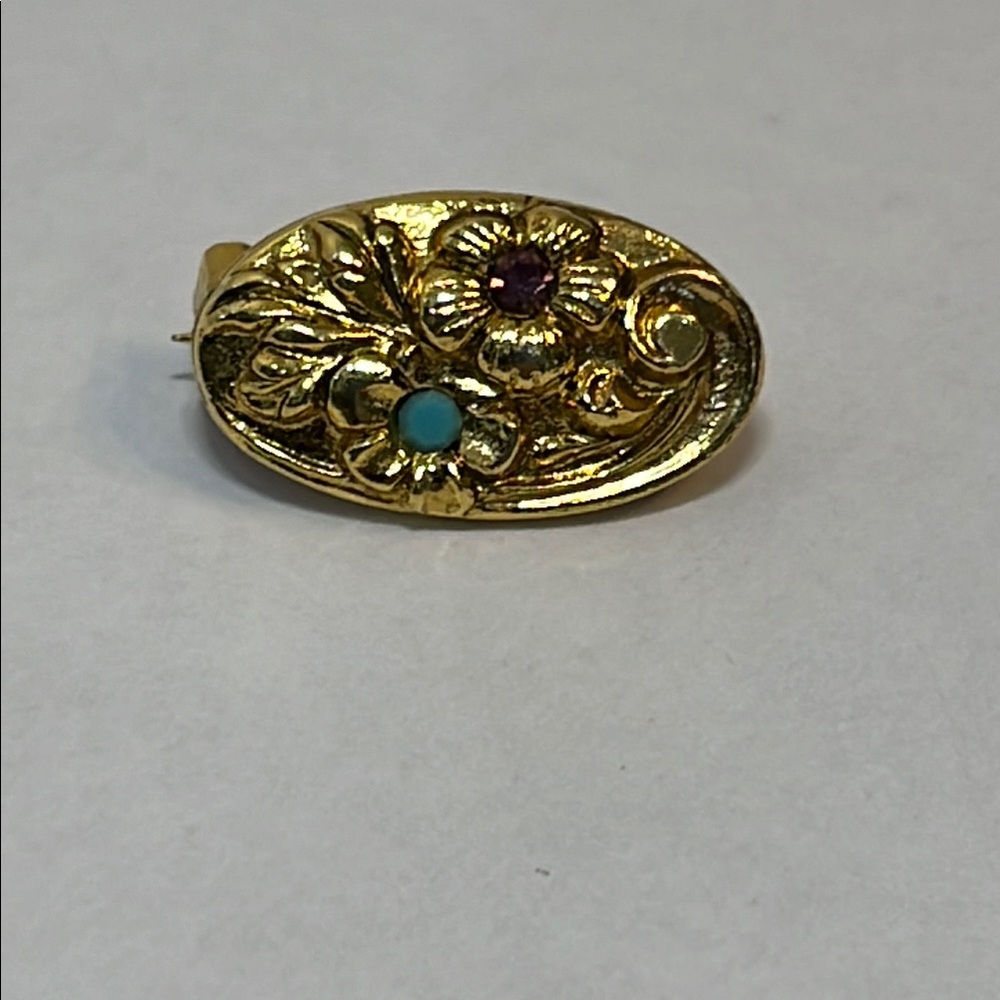 Gold Floral Brooch with Purple and Blue Accents